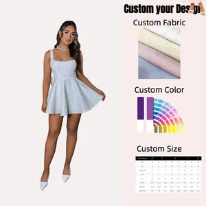 OEM Service Elegant White Glitter Tweed Bow Mini Dress Square Neck Bridal Shower Party Gown with Flared Hem Design