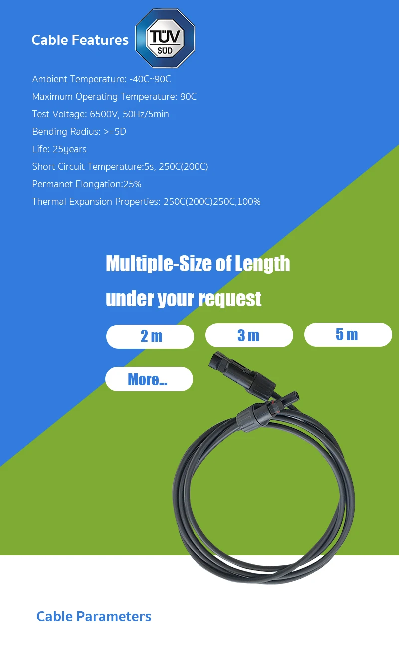 Tinned copper  pv1-f 1*4mm2 2m connector solar cable for Solar System PV Cable