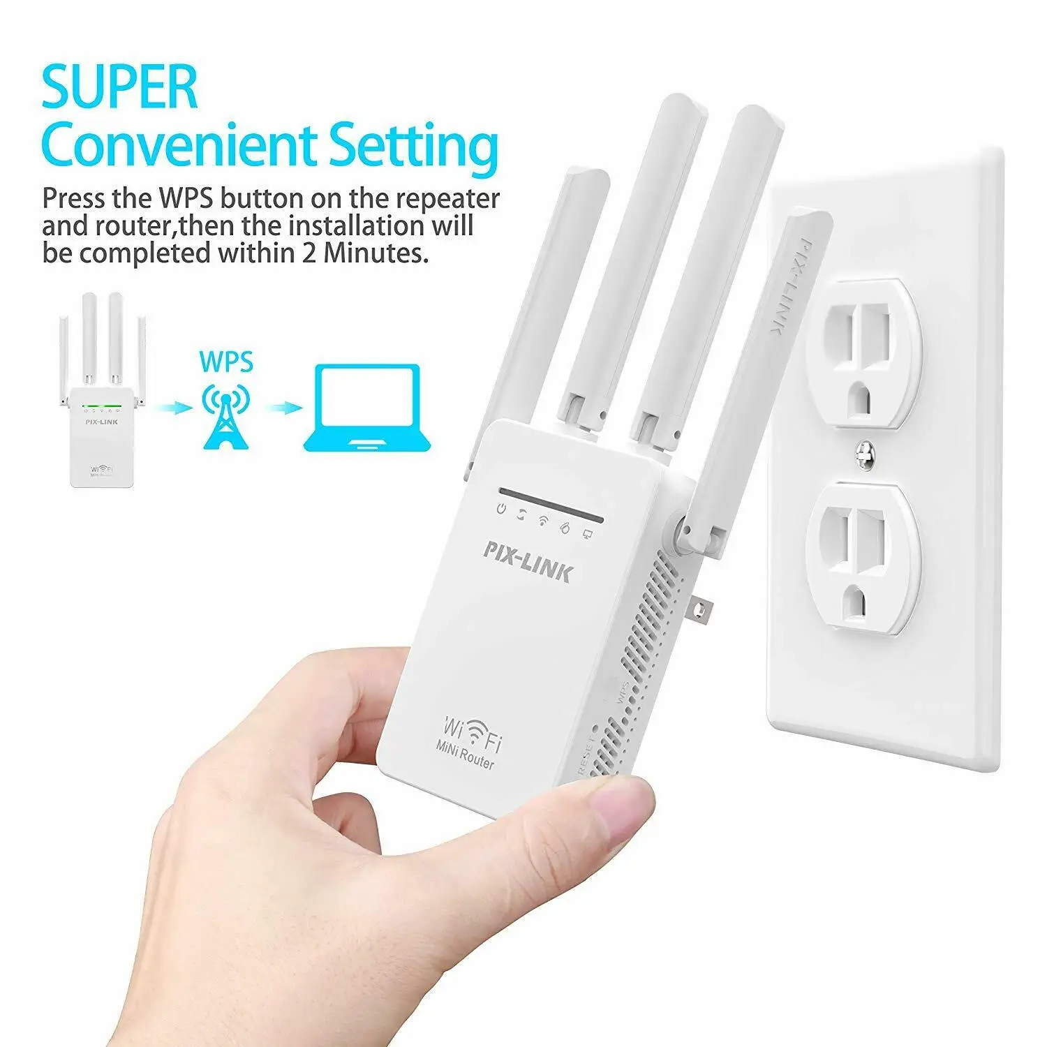 PIXLINK WiFi Repeater Wireless Router 300Mbps 4 Antenna Extender Amplifier Signal Cover Long Range