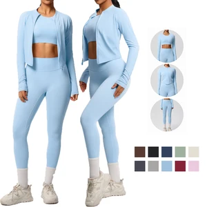 High Quality Three-Piece Sports Yoga Set Breathable Solid Pattern Short Sleeve Top Outdoor Running Fitness Pants with Pockets