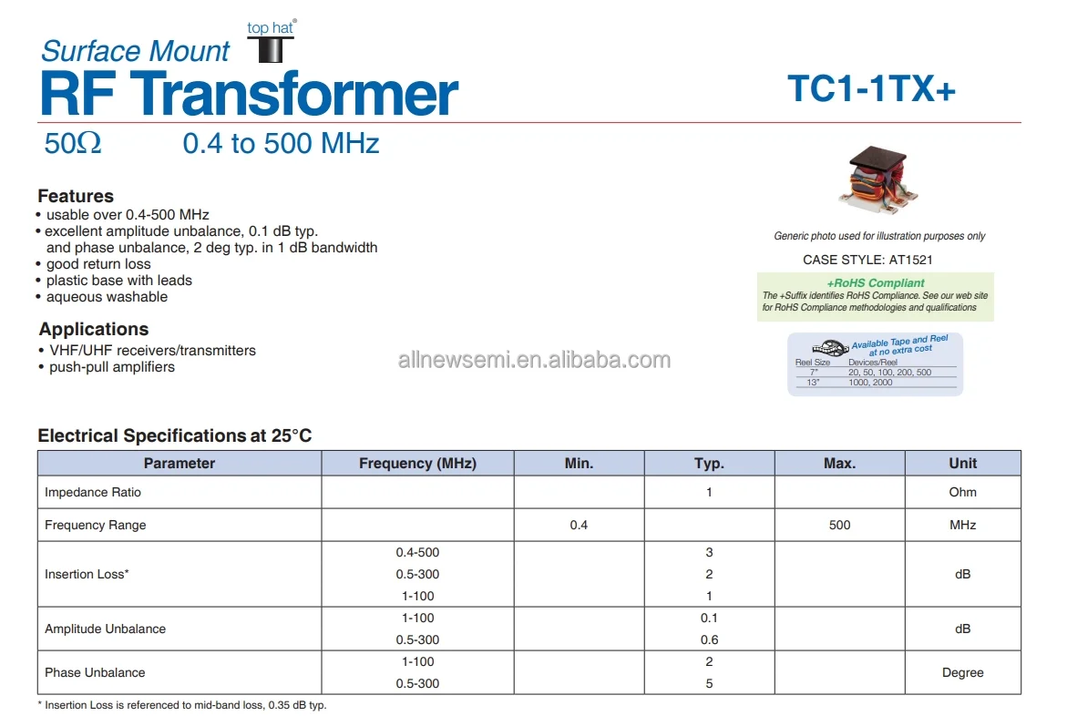 Hot sale Original TC1-1TX+ RF and Wireless Balun RF Balun 400kHz-500MHz 50 / 50Ohm 6-SMD (5 Leads) Flat Lead Surface Mount