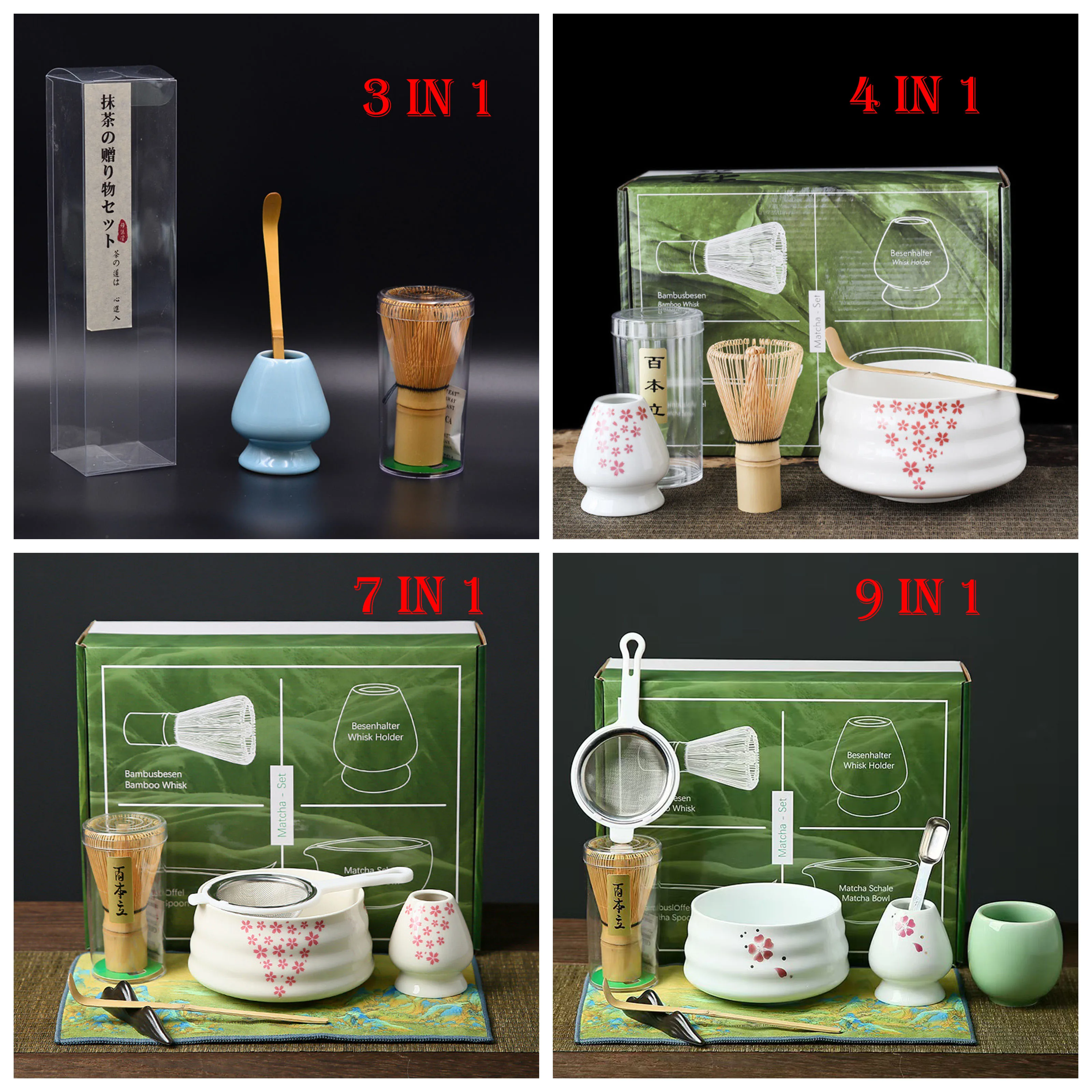 Custom Logo Matcha Tea Set 4 to 10 Pieces Japanese Matcha Bowl Tea Whisker Standing Bamboo Matcha Oem Set Whisk with Gift Box factory