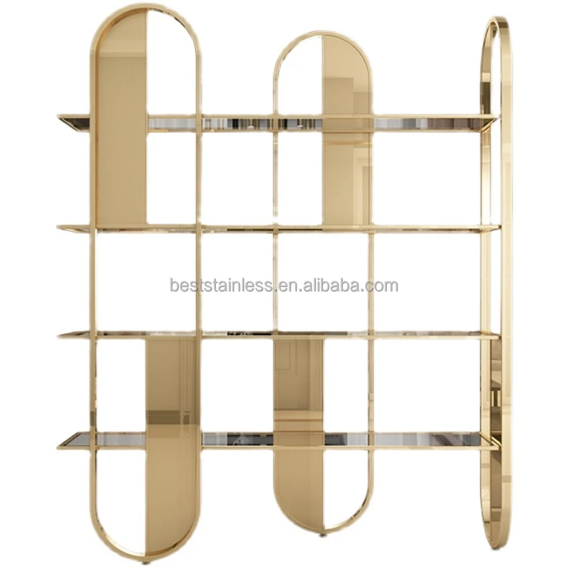 Book Shelves Frame Decoration Bookshelf Tall White Home Office Bookcase Gold Stainless Steel Modern Wooden Case Customized