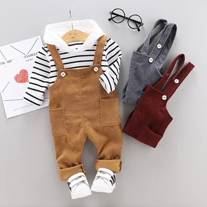 Fall 2020 Boutique Boy Clothing Cute Boy Striped Hooded Jacket Corduroy Overalls Two-piece Suit