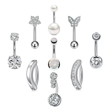 9Pcs/Set Belly Rings Surgical Steel Butterfly Flower Half-moon Inverted Pole Piercing Navel Ring Body Dangle Jewelry Wholesale