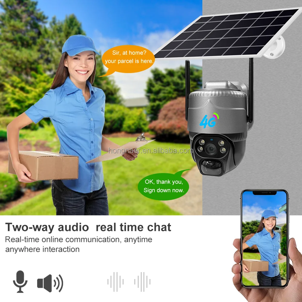 Hongnaer 2MP 7/24 Record Solar Powered Wireless Surveil PTZ Camera V380 Pro AOV Outdoor Security CCTV 4G Sim Card Solar Camera