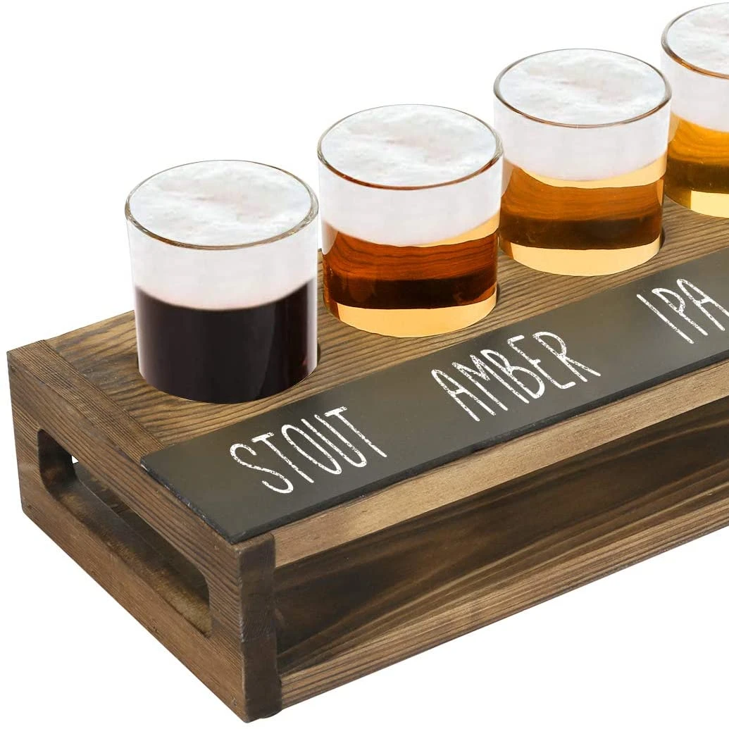 JUNJI 4 Shot Glass Server Tray Rustic Dark Brown Burnt Solid Wood Beer Flight Holder Tasting Sampler Tray Board