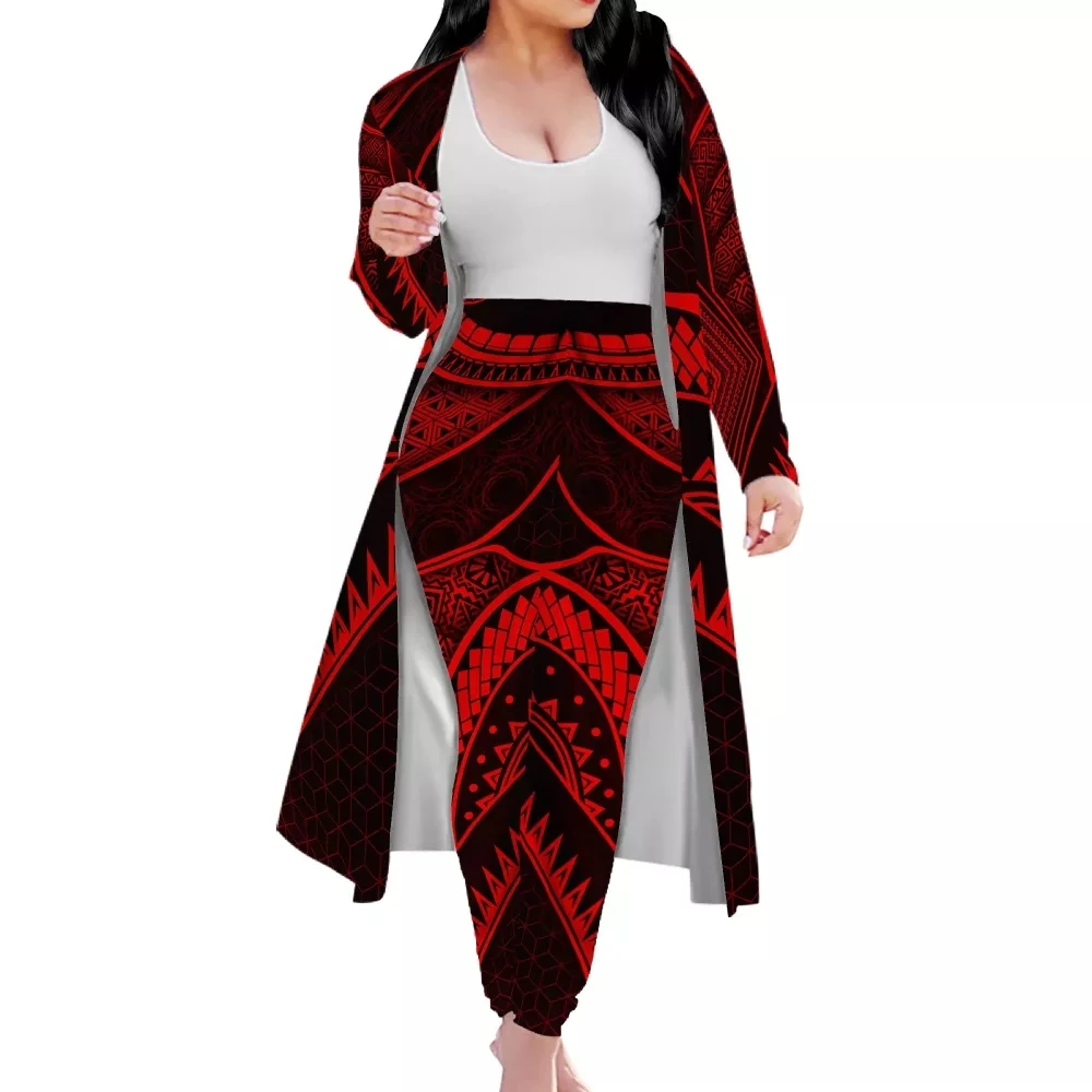 Long Sleeve Retro Style Samoan Party Fashion Women Kimono Cardigan Sets Red Slim Long Pants 2 Pcs Polynesian Irregular Pattern Buy Polynesian Samoan Tribal Style Custom Woman Tops Set 2 Pcs Woman Sets