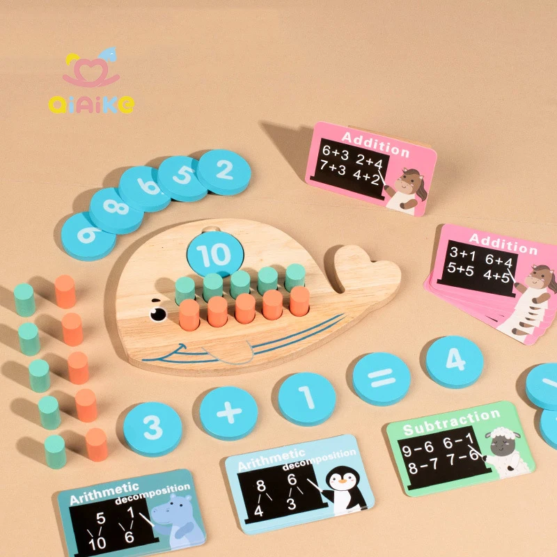 チャオケ社製木製モンテッソーリ式クジラ型カウント・ペグボード：赤ちゃん向け教育ゲーム・算数学習玩具（早期学習用）