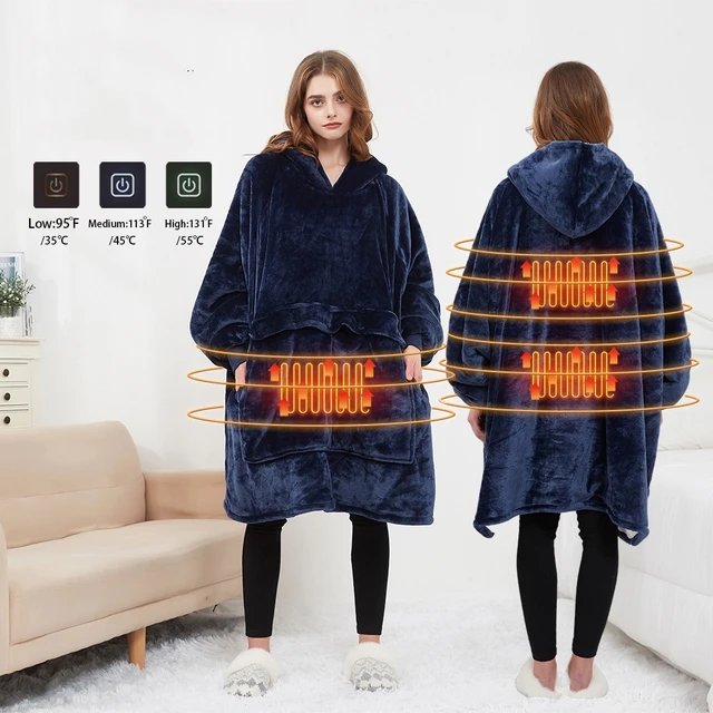 Factory Custom Oversized USB Heated Blanket Hoodie With Pocket Wearable Electric Hoodie Blanket Adult Hooded TV Blanket