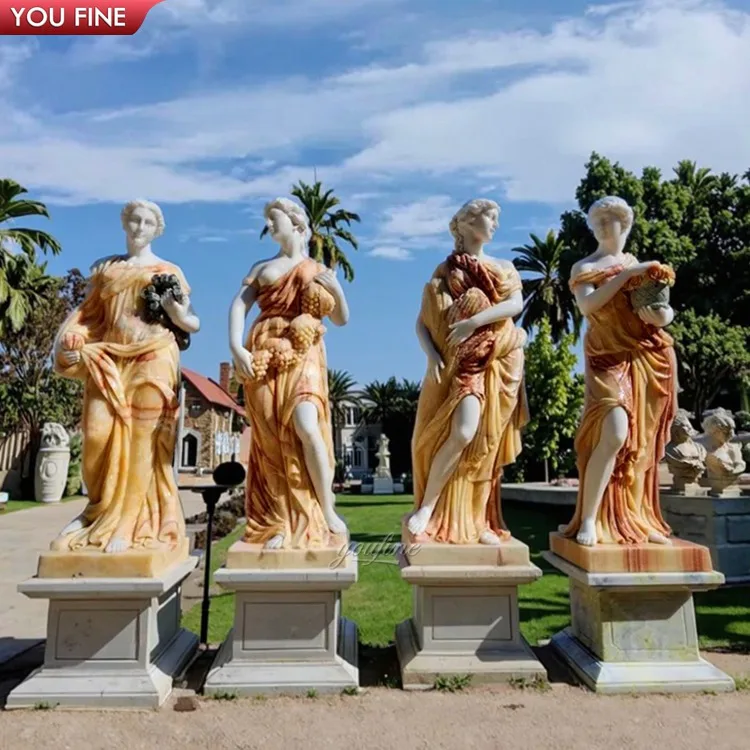 Famous Design Outdoor European Style Hand Carved Mixed Red & White Marble Stone Statue Four Season Gods Sculpture