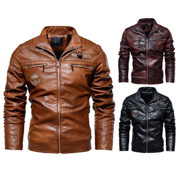 Windproof Winter Fleece Lined Coats Vintage Embroidered Riding Biker Motorcycle Men Faux Leather Jackets