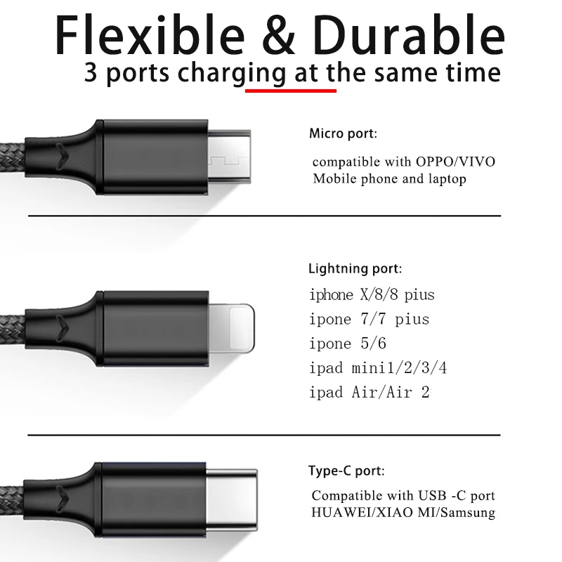 Newest 3 In 1 Charging Cable Multi Charger Cord Multiple Usb Cable