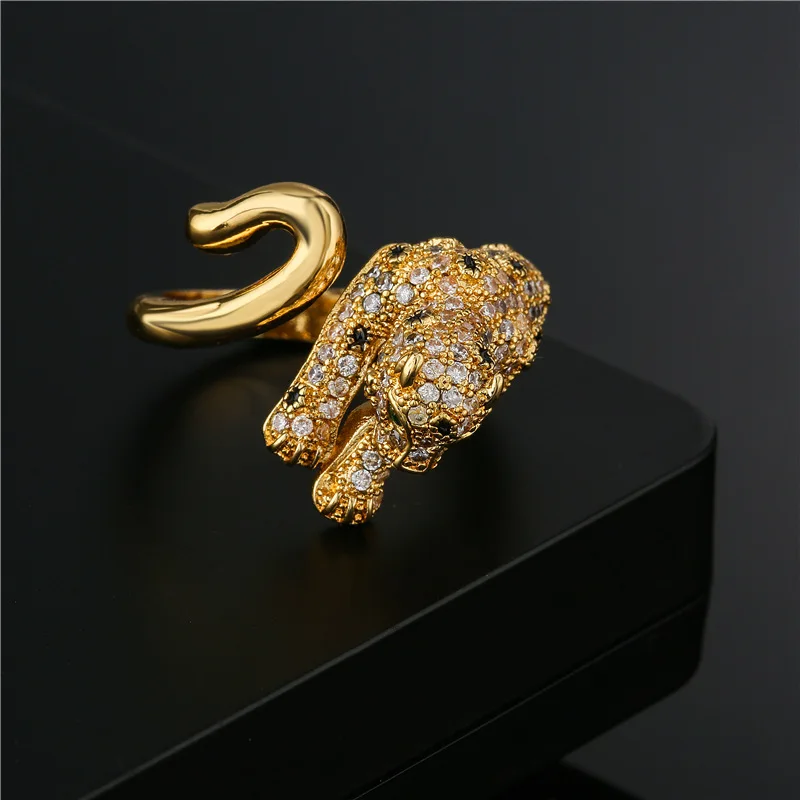 Style Cubic Zirconia Gold Color 3d Stereo Animal Leopard Ring Womens Mens Ring Hiphop Ice Out Bling  Panther Ring