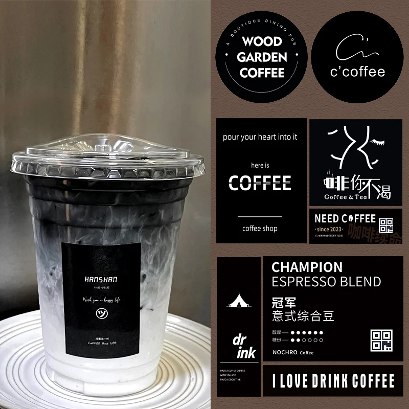 Coffee Cup Sticker logo Customized Beverage Store Takeaway Cup Self-adhesive Disposable Milk Tea Drink Waterproof Label