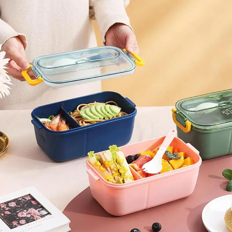 1200ML BPA-Free Portable Microwave Lunch Box Cutlery Simple Partition Plastic Lunch Box for Students Office Workers Plastic Lid