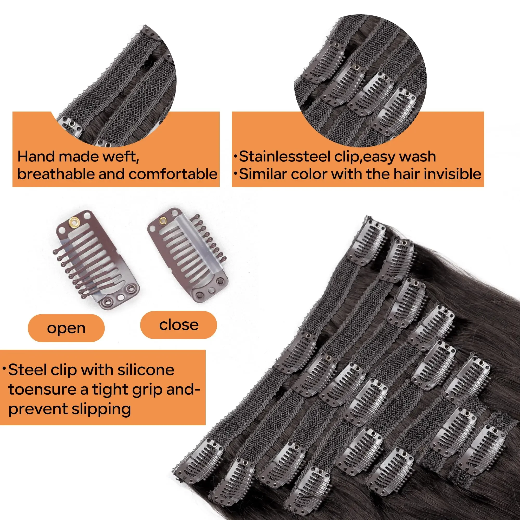 Extension con clip per capelli castano scuro, 100% veri capelli umani, doppia trama, estensione dritta_voghion.com