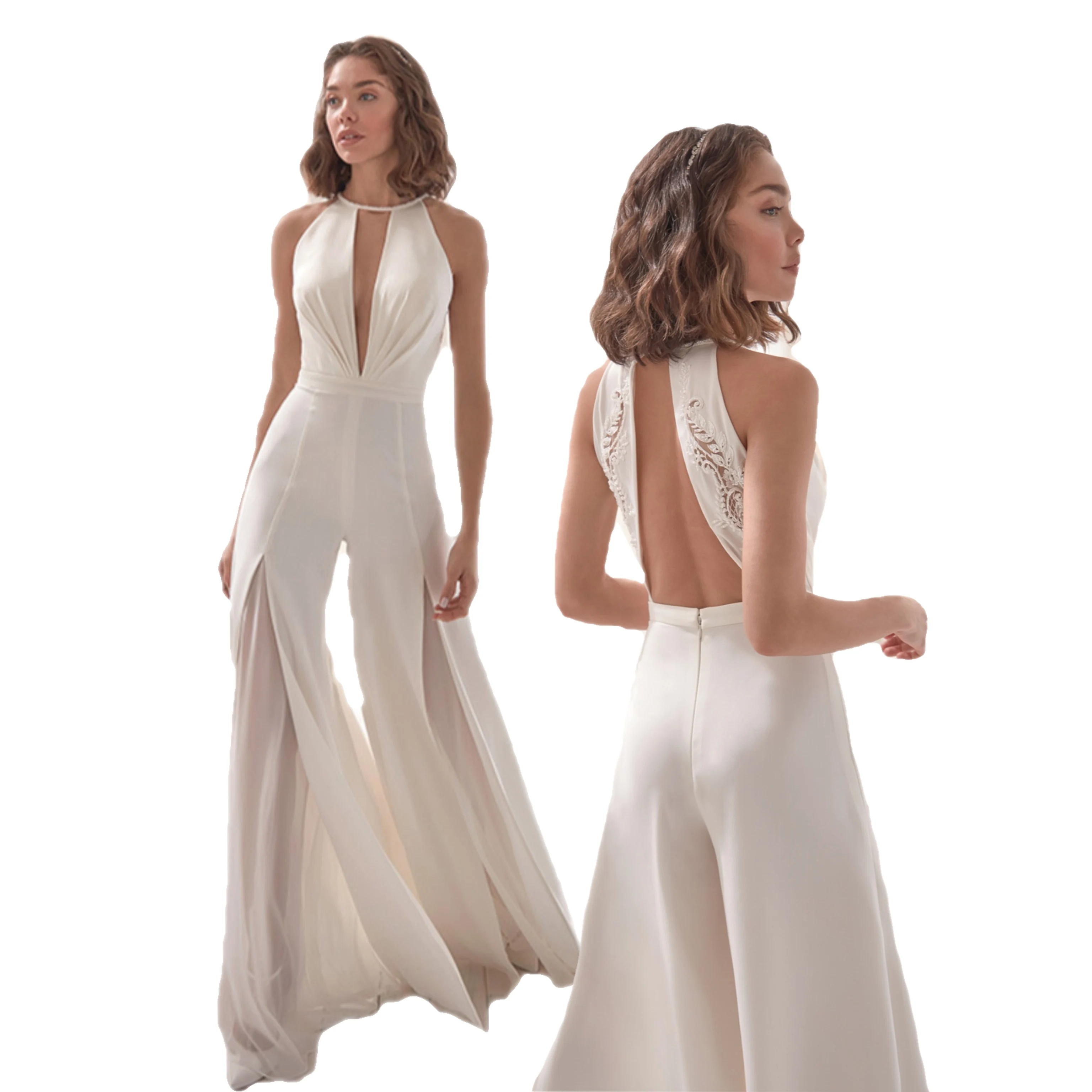 Convenzionale Sexy Profondo Scollo A V Senza Maniche Bianco Da Sposa  Elegante Tuta - Buy Da Sposa Tuta,Donna Con Scollo A V Tuta,Tuta Bianca Per  Le Donne Product on Alibaba.com