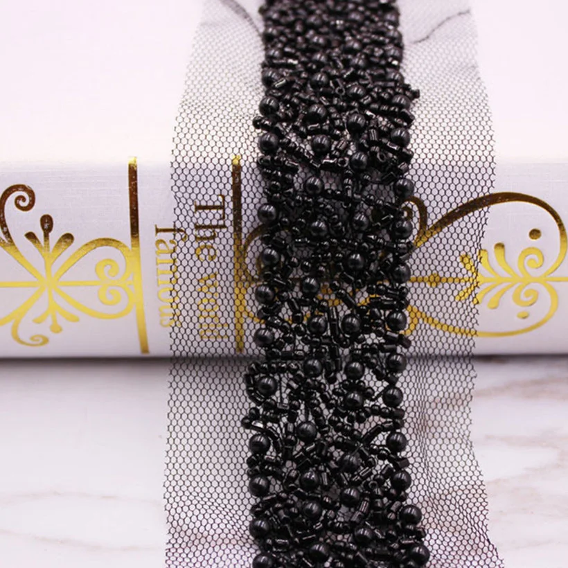 5 Yards Metallic Hand Beaded Trim Black & Light Gold Braid Lace Ribbon 1/2  DIY