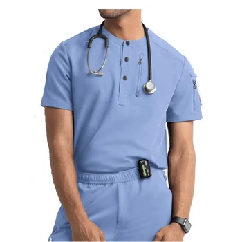 Hot Sale Nurse Uniform Men's Nash Snap Front Henley Scrub Top and Pant Medical Scrubs