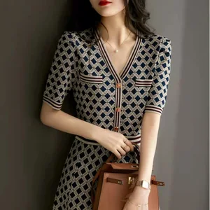 Winter  Long Sleeve Plaid Knit Casual Dress Women High Waist Mini Sheath Dress Ladies Elegant Dresses Clothes Women
