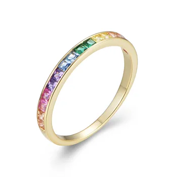 fine jewelry rings 925 sterling silver square rainbow colorful zircon diamond gold plated rings for women couple ring