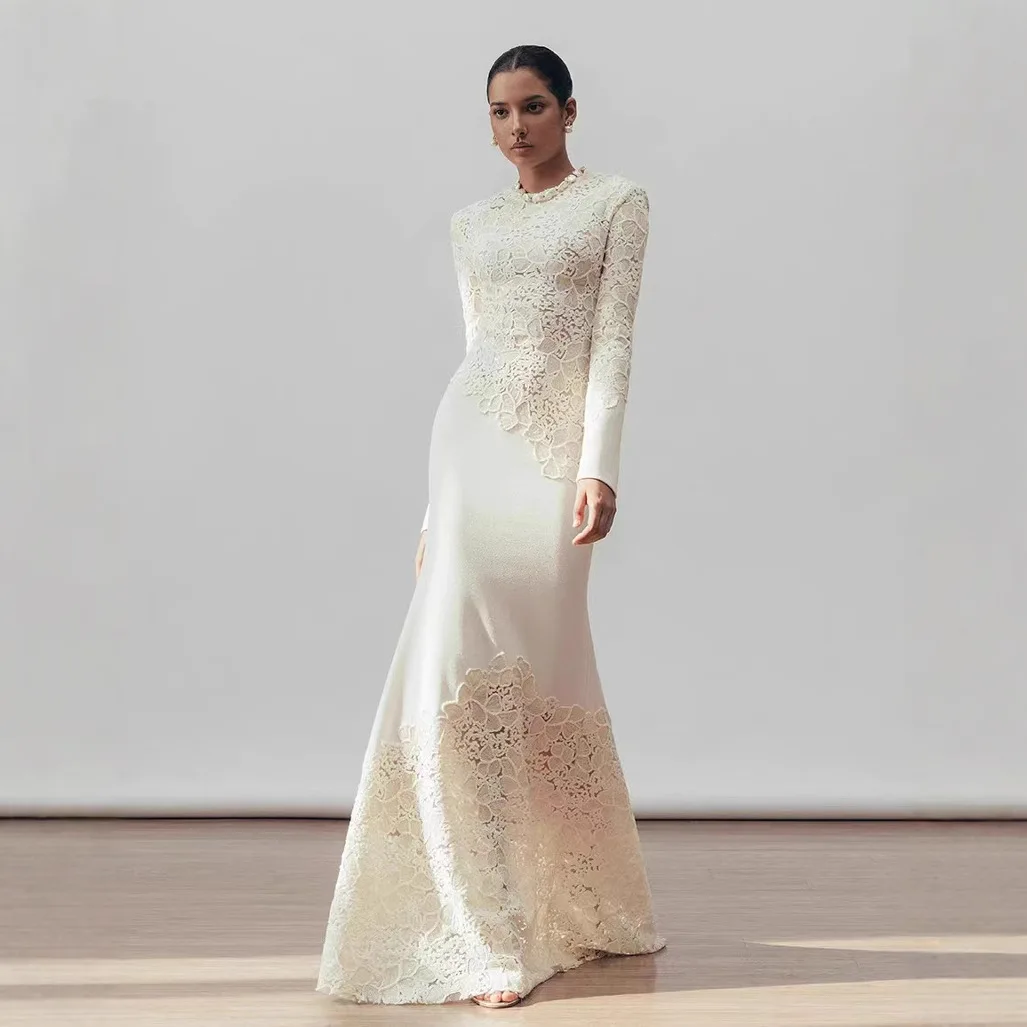 Fashion Design Luxury High Quality Vintage Tight Banquet Elegant Hook Flower Fishtail White Dress