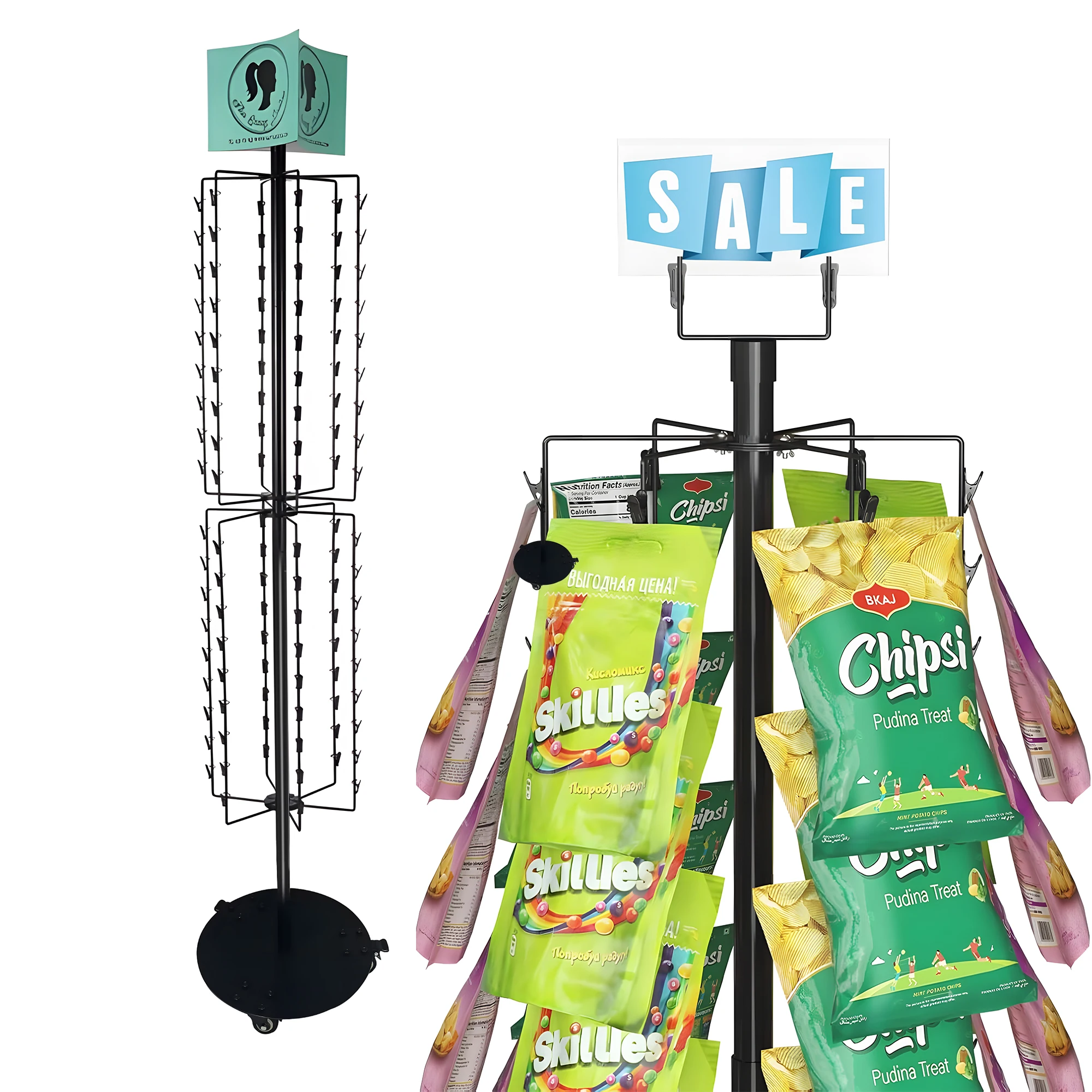thumbnail image 2 of Nuovoware Chip Rack Display Stand, Large Capacity 360° Rotating Snack Organizer With 50 Clips And DIY Message Board, Chip Holder For Snack Bar 2 of 14