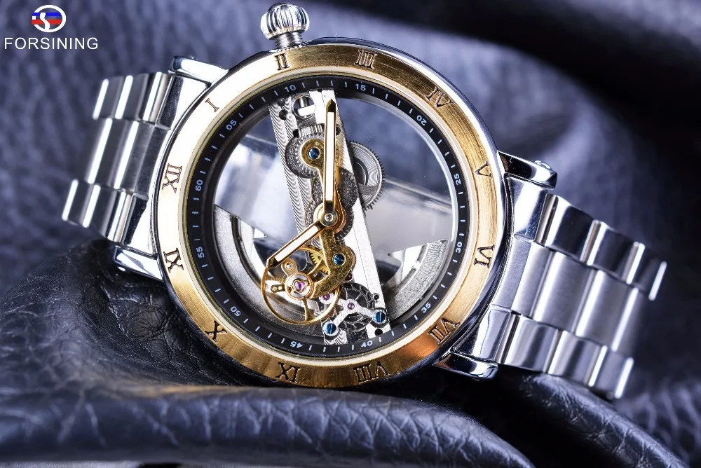 Forsining 2017 Minimalist Design Transparent Case Roman Number Steel Mens Automatic Skeleton Steampunk Watches Top Brand Luxury