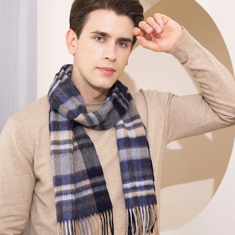 Merino Lambswool Plaid Shawl - Plaid Blanket Scarf store - Beige Plaid Stole - Wool Wrap - Kildwick Natural Aqua Blue - Made in England