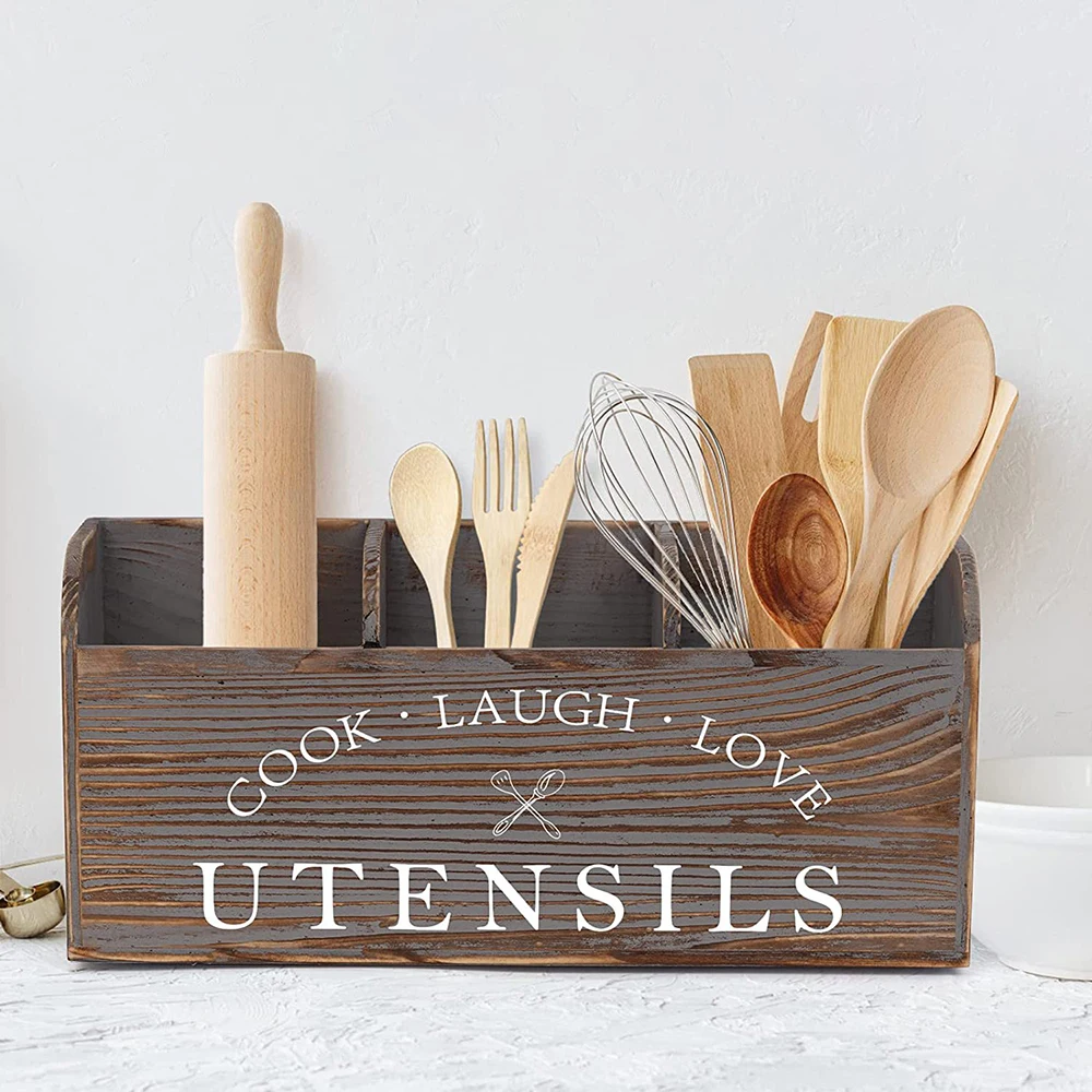Farmhouse Compartments Wood Kitchen Utensil Holder Flatware Caddy with  Handle Silverware Holder for Counter Top