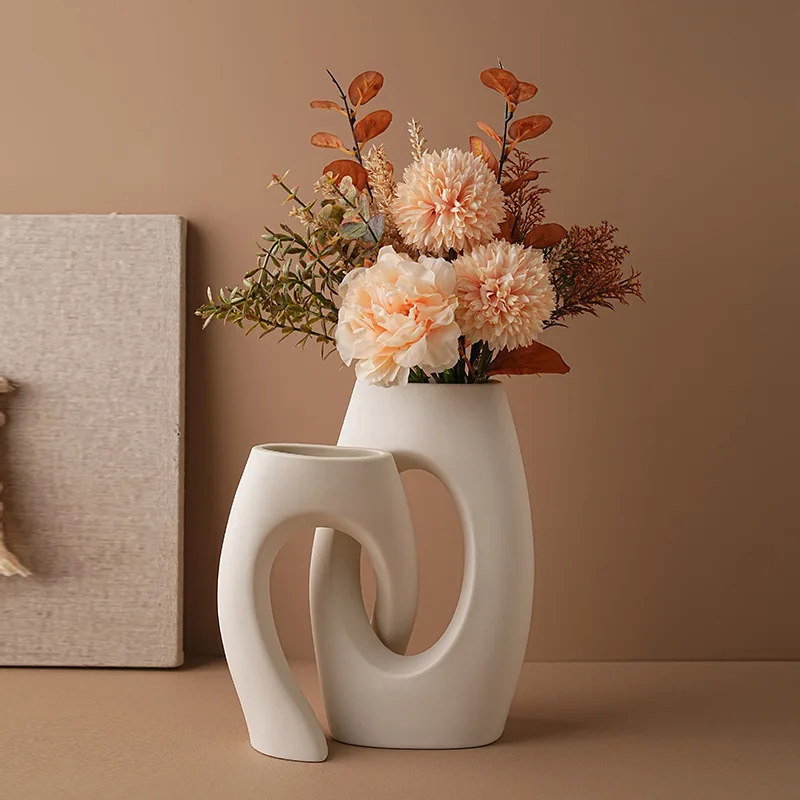 Two Abstract Ceramic Vases Cutout Design Matte White Finish Modern Minimalist Home Decor Living Room Flower Arrangement Set