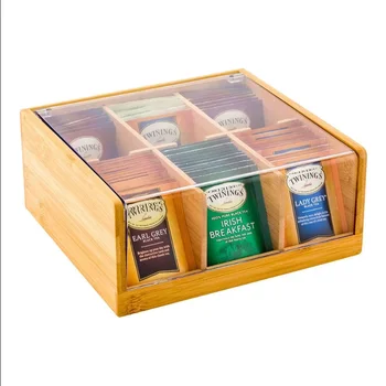 wooden box for tea with 6 compartments, bamboo tea bag dispenser