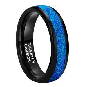 Coolstyle Jewelry 6mm Black Tungsten Carbide Ring for Men Women Engagement Wedding Band Blue Opal Inlay Polished Comfort Fit