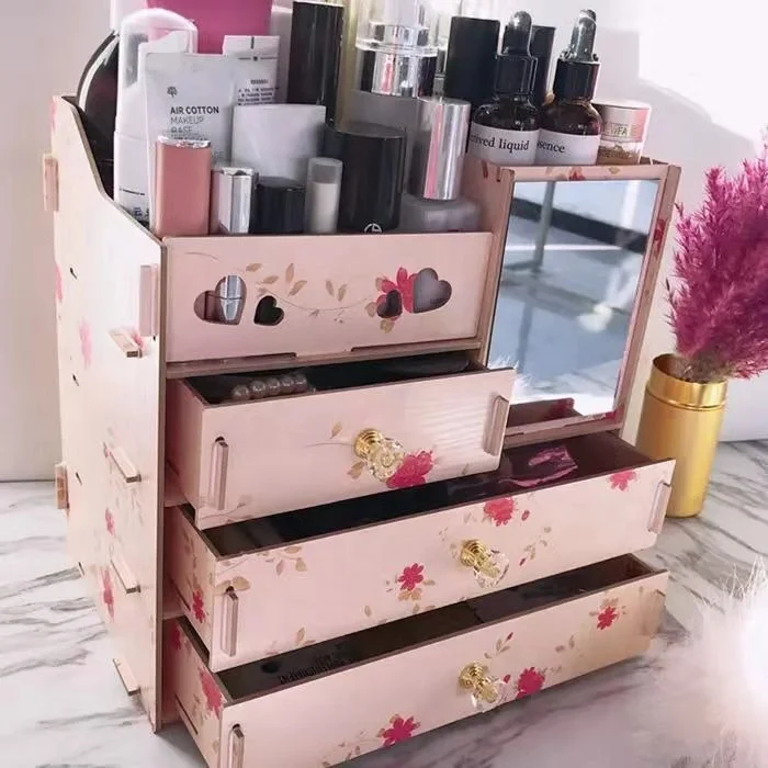 HelloWorld Large Wooden Desktop Cosmetics Collection Box Mirror South Korea Drawer Type Rearrangement of Wooden Boxes