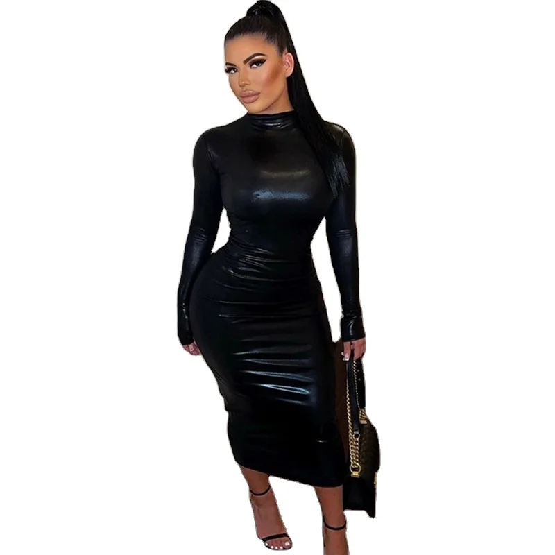 chinese dress ladies Women Tight Dress Tight Leather Skirt Black Long Sleeve Tight – Global  Fashions GC main image 1