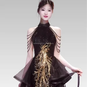 2026 Luxury High-End Elegant Floor-Length Evening Heavy Sequin Embroidery Halter Neck Fishtail Slim High Waist High Collar XS