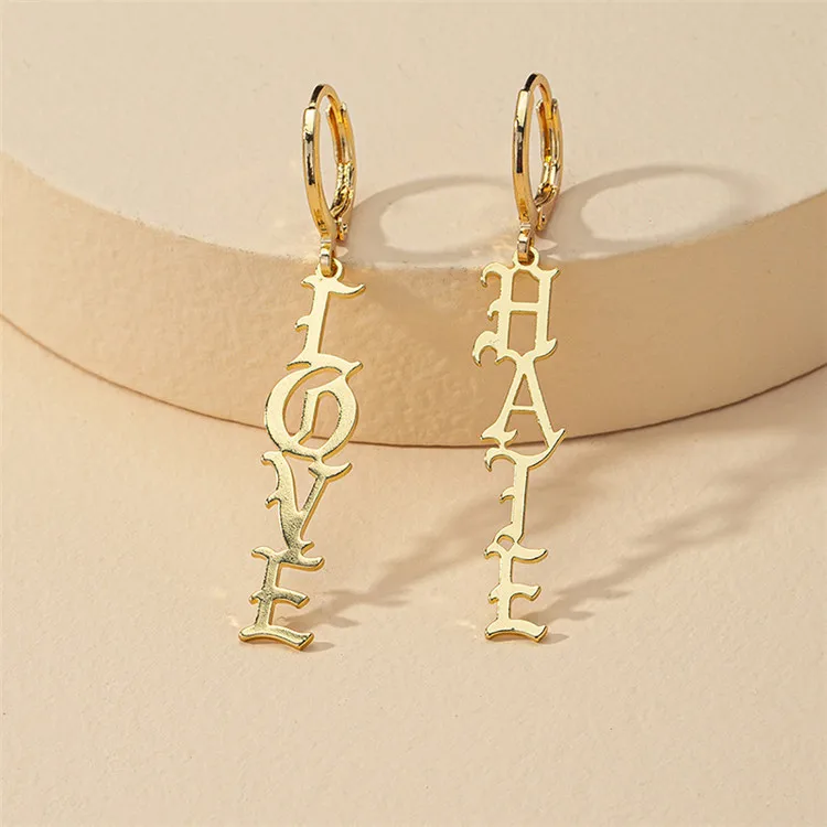 Wholesale Fashion Gold Plated Love Hate Words Hoop Earrings Punk Gothic  Font LOVE HATE Letter Drop Earrings From m.