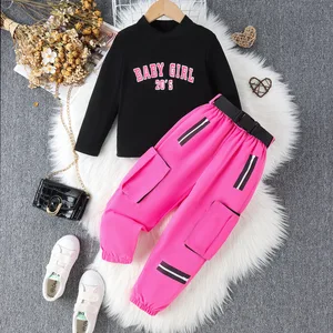 Casual Children's Autumn Winter Clothes for Kids European American High Collar Letter Print Top Cargo Pants Girls 2 Piece Sets