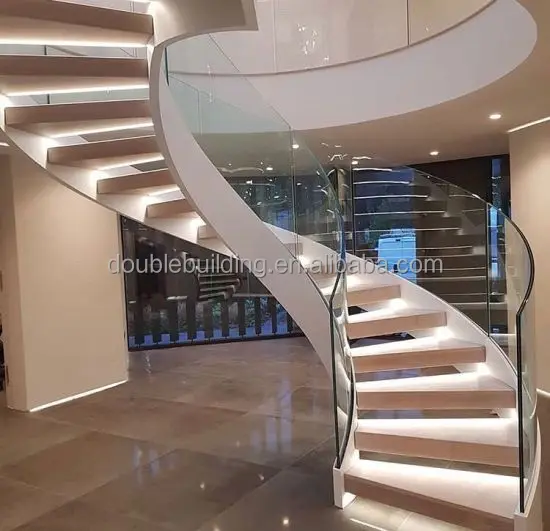 Contemporary American standard curved steel structure white oak open riser tread stairs with led lights from Foshan factory details