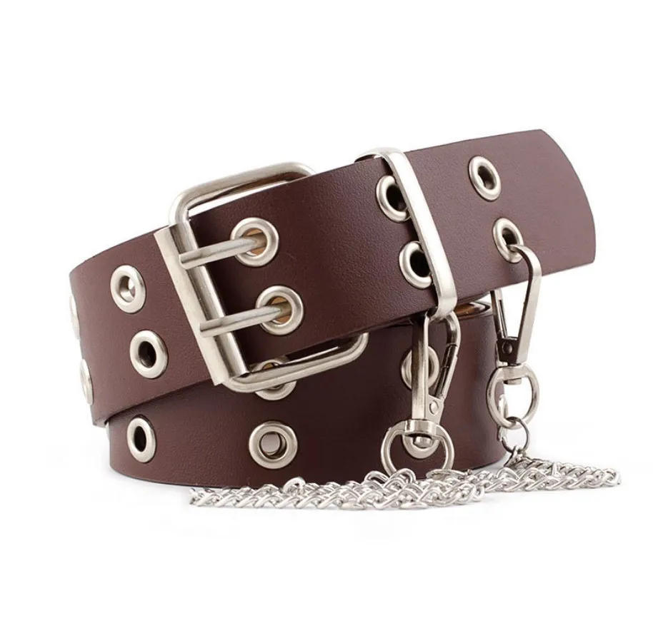 Cheap Double Grommet Metal Chain Western Leather Punk Belt  display picture 3