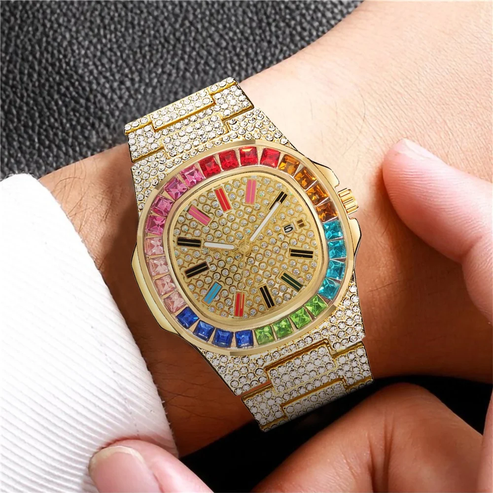 Luxury Quartz Square Rainbow Diamond Watch for Men - Iced  display picture 1