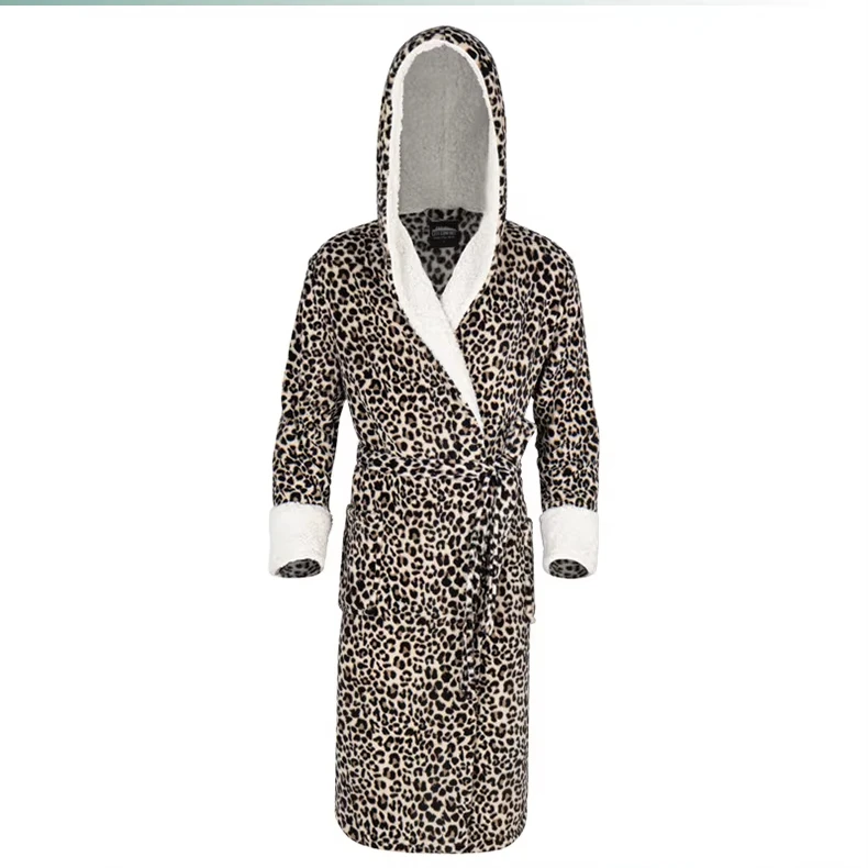 Factory Custom Amazon Leopard Print Satin Pajamas Knee-Length Hooded Bathrobe Quick Dry for Home or Sleepwear in Winter