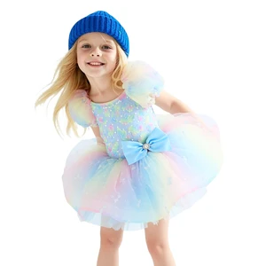 OEM Customizable Colorful Sparkling Rainbow Inspired Casual Girls Spring Puff Sleeve Blue Bow O-Neck Mesh Tulle Dress