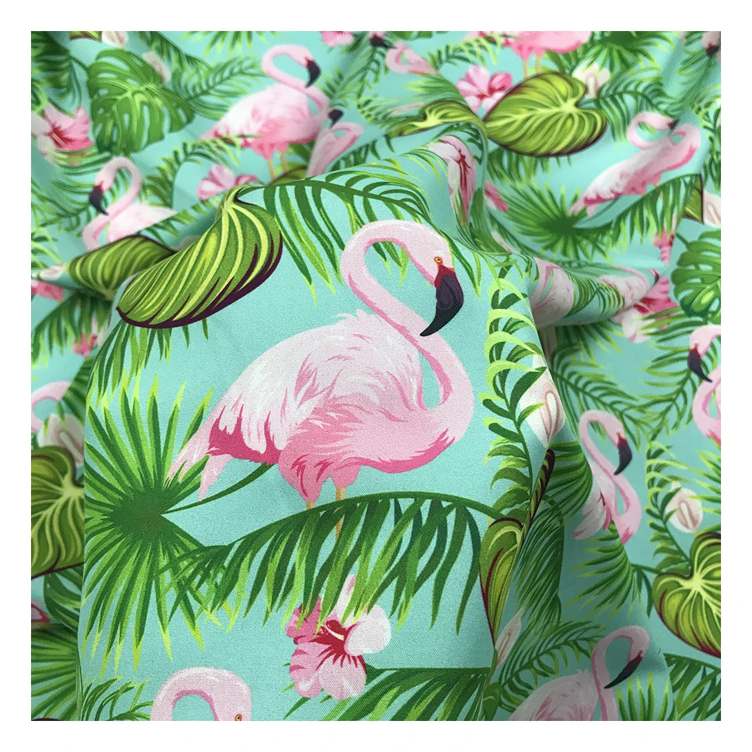 Фабричный магазин, тропический фламинго, дизайн, цифровая печать, 100% полиэстер, персиковая кожа, печатная ткань для пляжных шорт, одежда