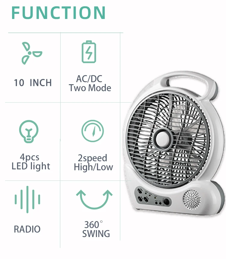 10 Inch Rechargeable Leadacid Battery Box Fan With Radio Led Light