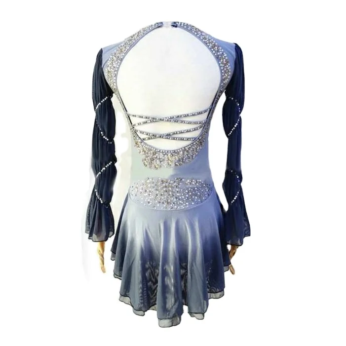 blue ombre figure skating dress Mermaid Royal Blue Sequin Dresses V-neck Split – Lisposa
