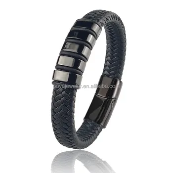 POYA New Customized Mens Black Genuine Leather Bracelet for Men Gift  Stainless Steel Bracelet