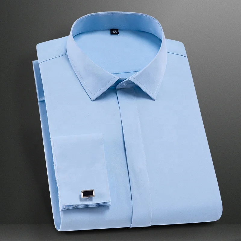 Men's Classic French Cuff Dress Shirts Long Sleeve No Pocket Tuxedo Male  Shirt With Cufflinks Formal Party Wedding White Blue