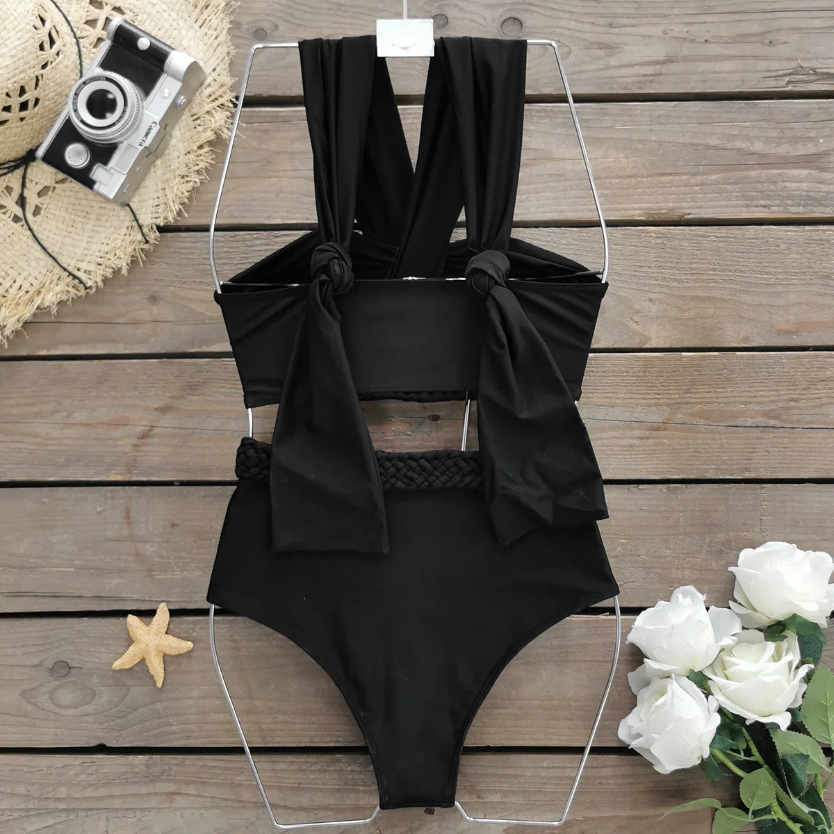 Solid Black Hollow Out Monokini main image 1